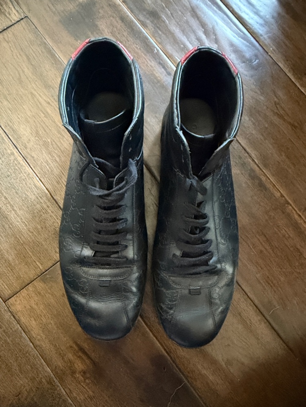 Gucci Black Leather High-Top Boots with Red Heel Tab